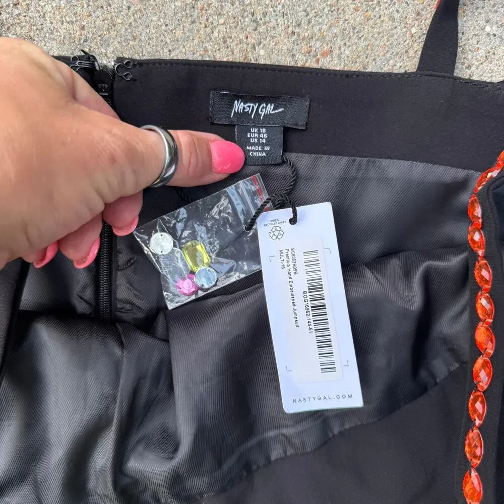 Nasty Gal Premium Black Multi Color Gem Hand Embellished Jumpsuit NWT US Size 14 - Picture 3 of 12
